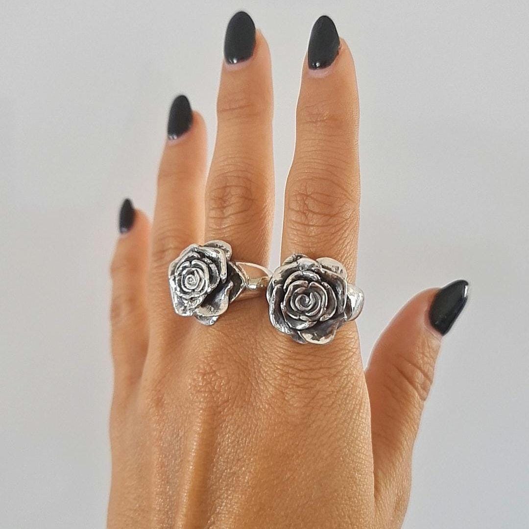 Statement chunky Rose Ring: Handmade 925 Sterling Silver Flower Jewelry