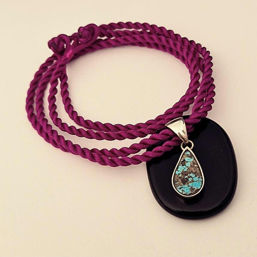 Teardrop Turquoise Pendant: Handmade Silver-Tone Bezel, Purple Rope Cord