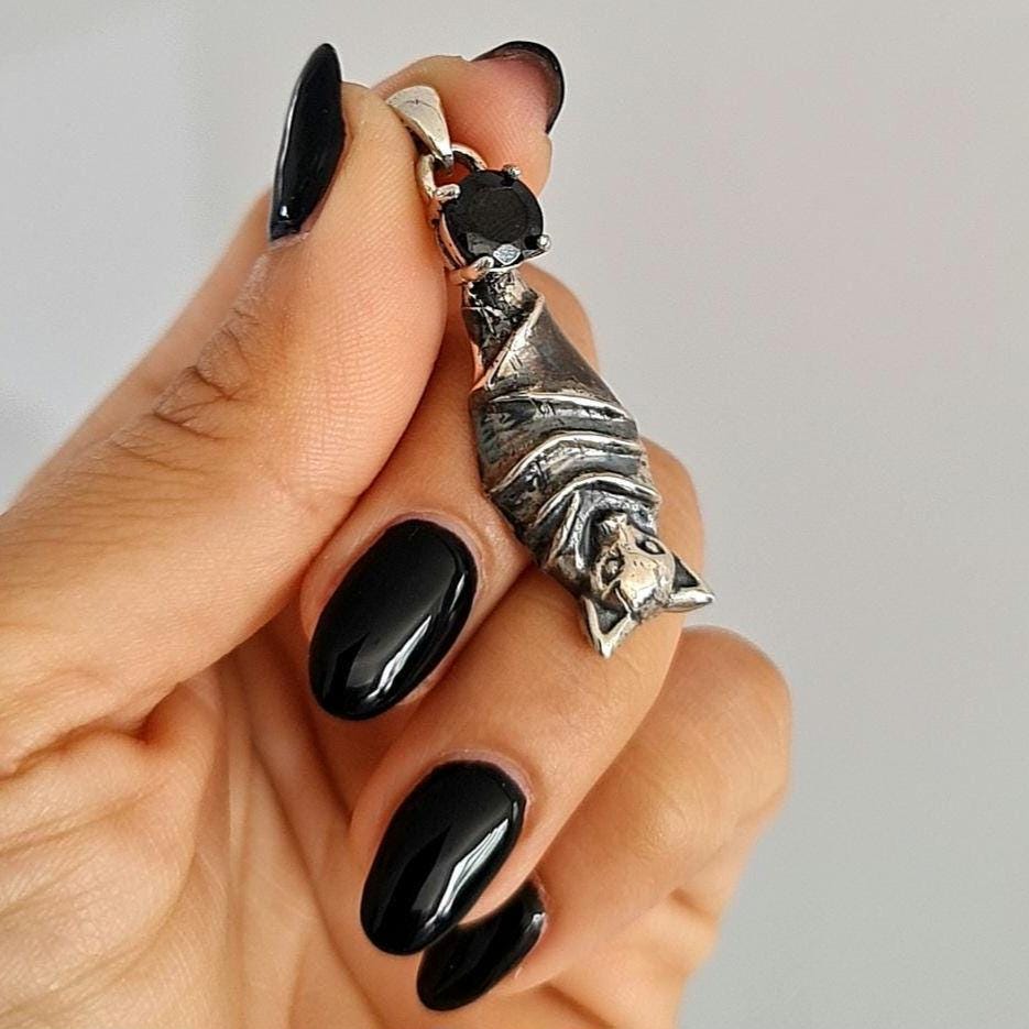 Sterling Silver Bat Pendant with Black Zircon • Gothic Vampire Necklace Charm • Dark Fantasy Jewelry