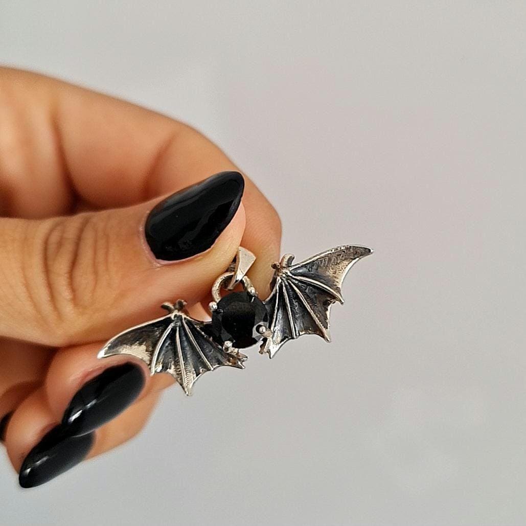 Gothic Bat Wings Silver Pendant with Black Zircon | Vampire Jewelry | Witchy Gothic Necklace Charm