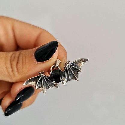 Gothic Bat Wings Silver Pendant with Black Zircon | Vampire Jewelry | Witchy Gothic Necklace Charm