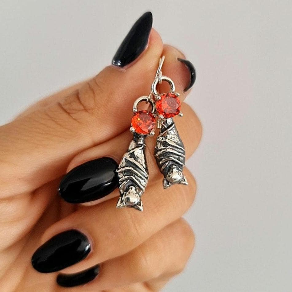 Silver Bat Dangle Earrings with Ruby Zircon | Gothic Witchy Jewelry | Halloween Vampire Earrings