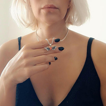 Silver Bat Wings Pendant with Ruby Zircon – Gothic Unisex Necklace Charm