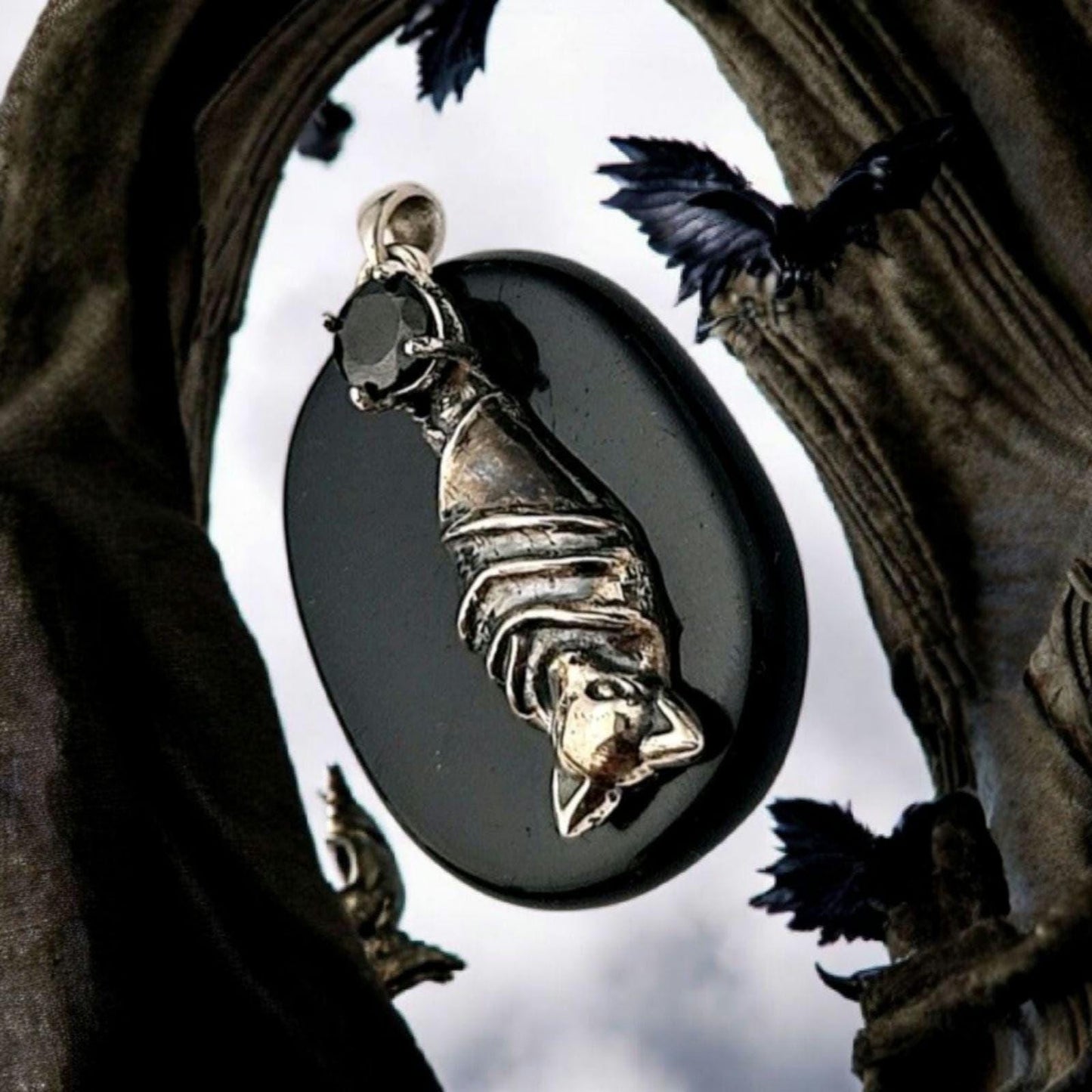 Sterling Silver Bat Pendant with Black Zircon • Gothic Vampire Necklace Charm • Dark Fantasy Jewelry
