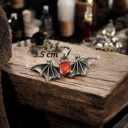 Silver Bat Wings Pendant with Ruby Zircon – Gothic Unisex Necklace Charm