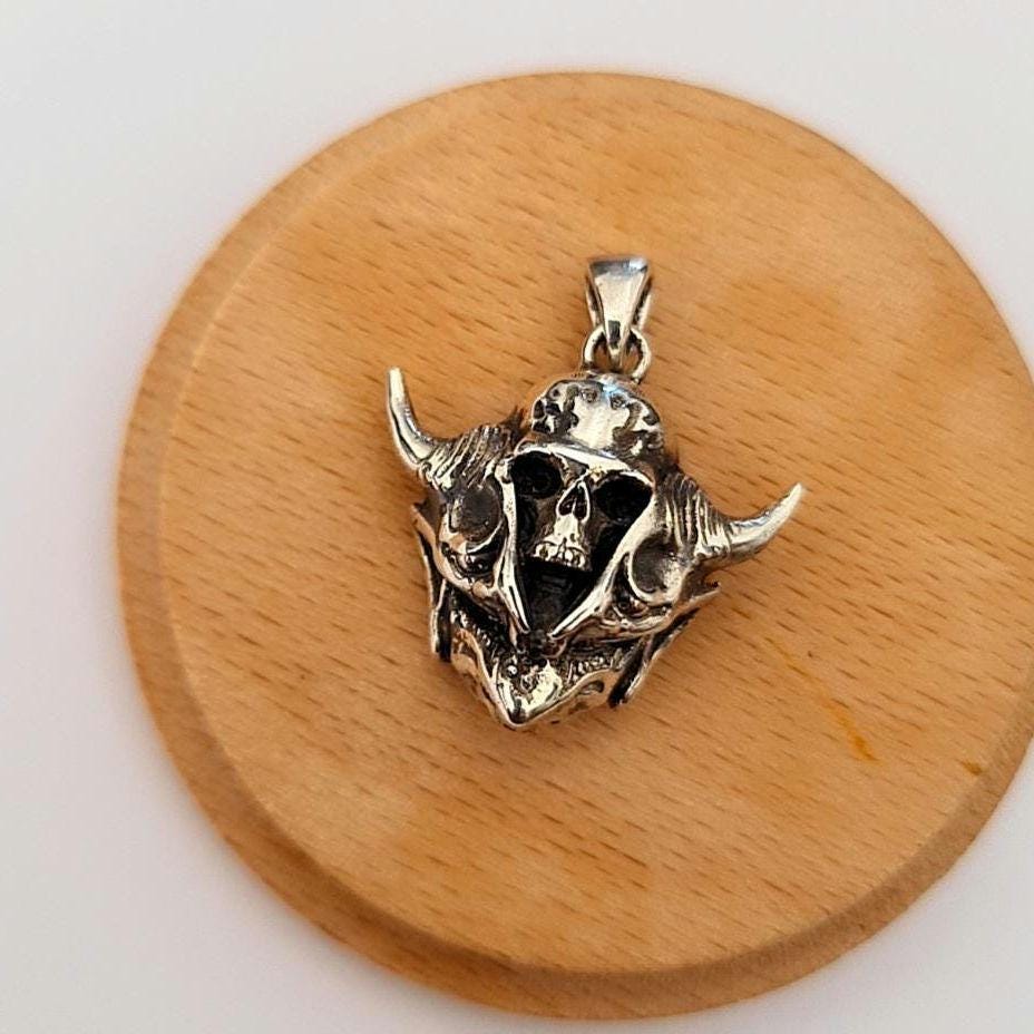 Sterling Silver Viking Skull Pendant – Warrior Helmet Necklace, Norse Skull Jewelry for Men, Handmade Gothic Biker Amulet