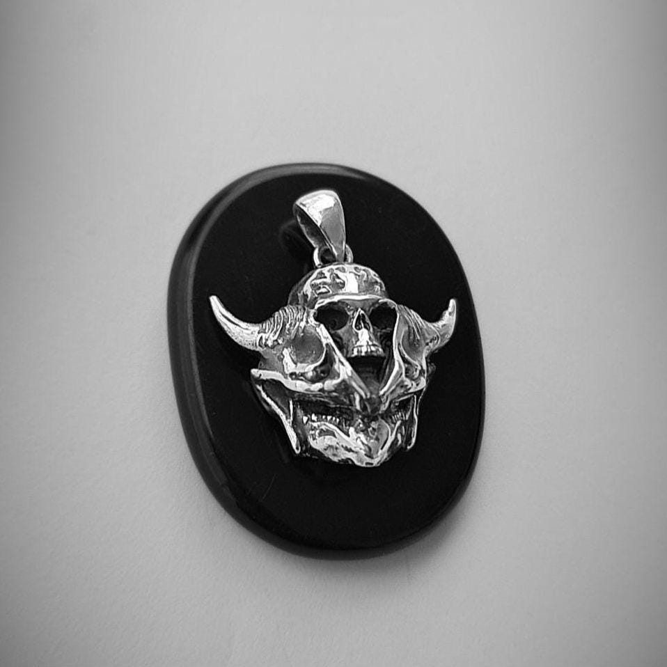 Sterling Silver Viking Skull Pendant – Warrior Helmet Necklace, Norse Skull Jewelry for Men, Handmade Gothic Biker Amulet