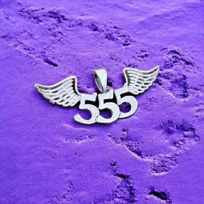 555 Angel Number Sterling Silver Pendant Necklace with Wings "major change is coming"
