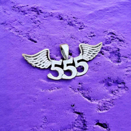 555 Angel Number Sterling Silver Pendant Necklace with Wings "major change is coming"