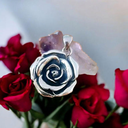 Sterling Silver large Rose Pendant - Handmade Floral Necklace