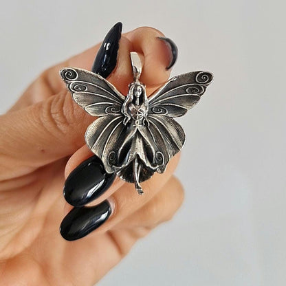 Dainty Fairy Pendant –  Fantasy Winged Faerie Princess Charm Necklace,Sterling Silver
