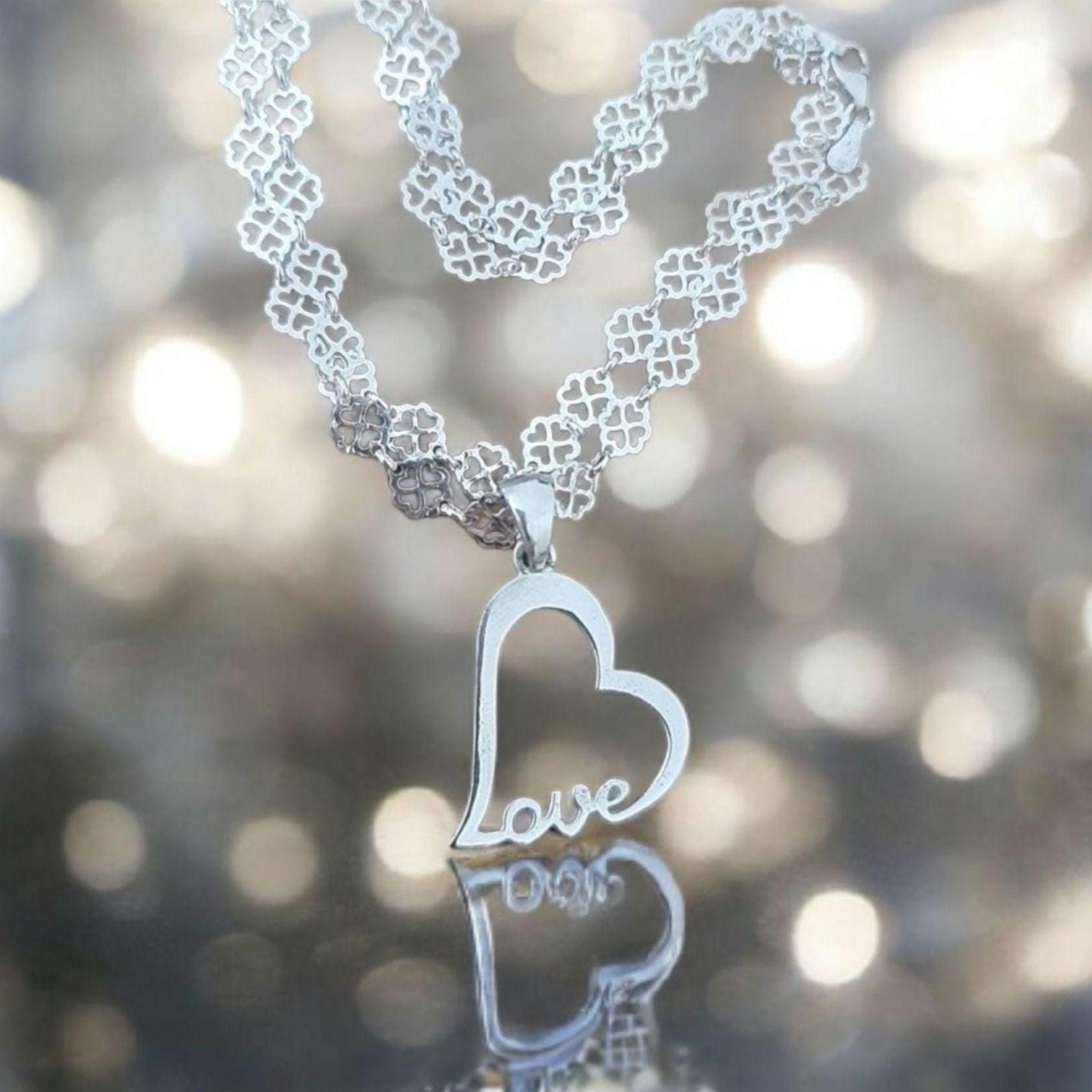 Sterling Silver Love Heart Necklace - Floral Chain 45 cm