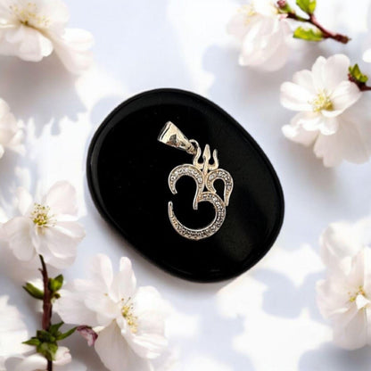 Triple Om Pendant in Sterling Silver with Sparkling Zircon – Spiritual Necklace, Yoga Meditation Jewelry