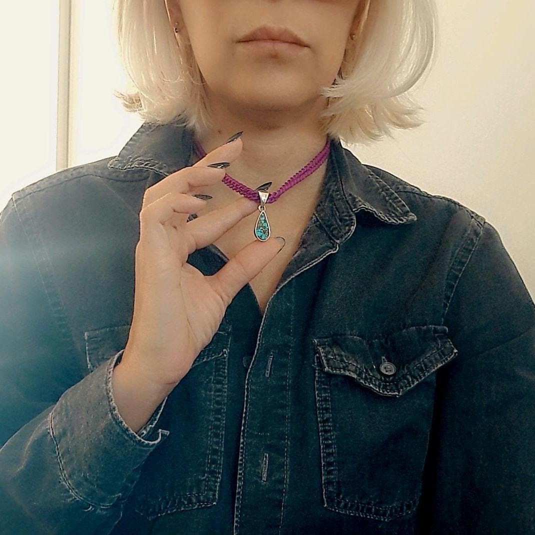 Teardrop Turquoise Pendant: Handmade Silver-Tone Bezel, Purple Rope Cord