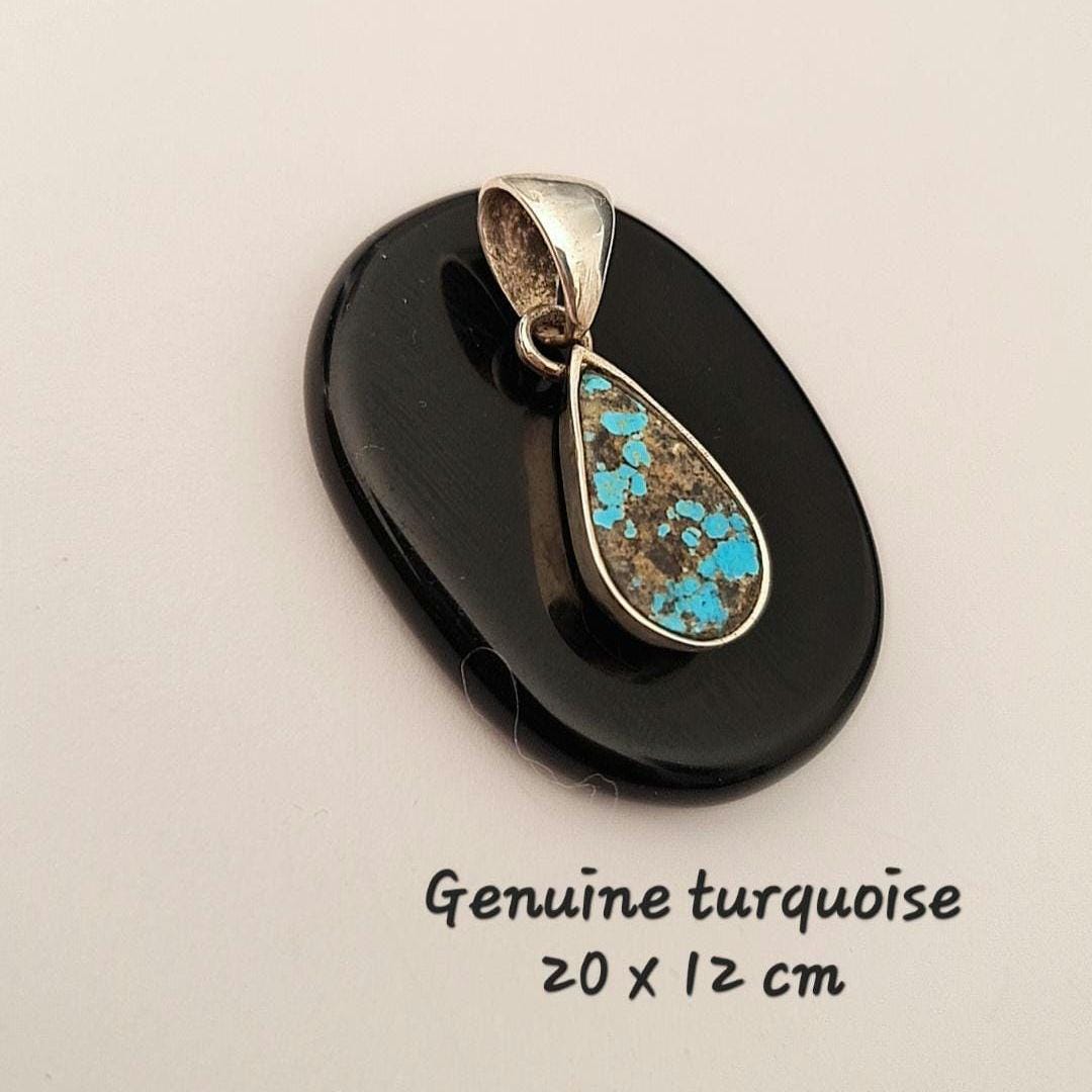 Teardrop Turquoise Pendant: Handmade Silver-Tone Bezel, Purple Rope Cord