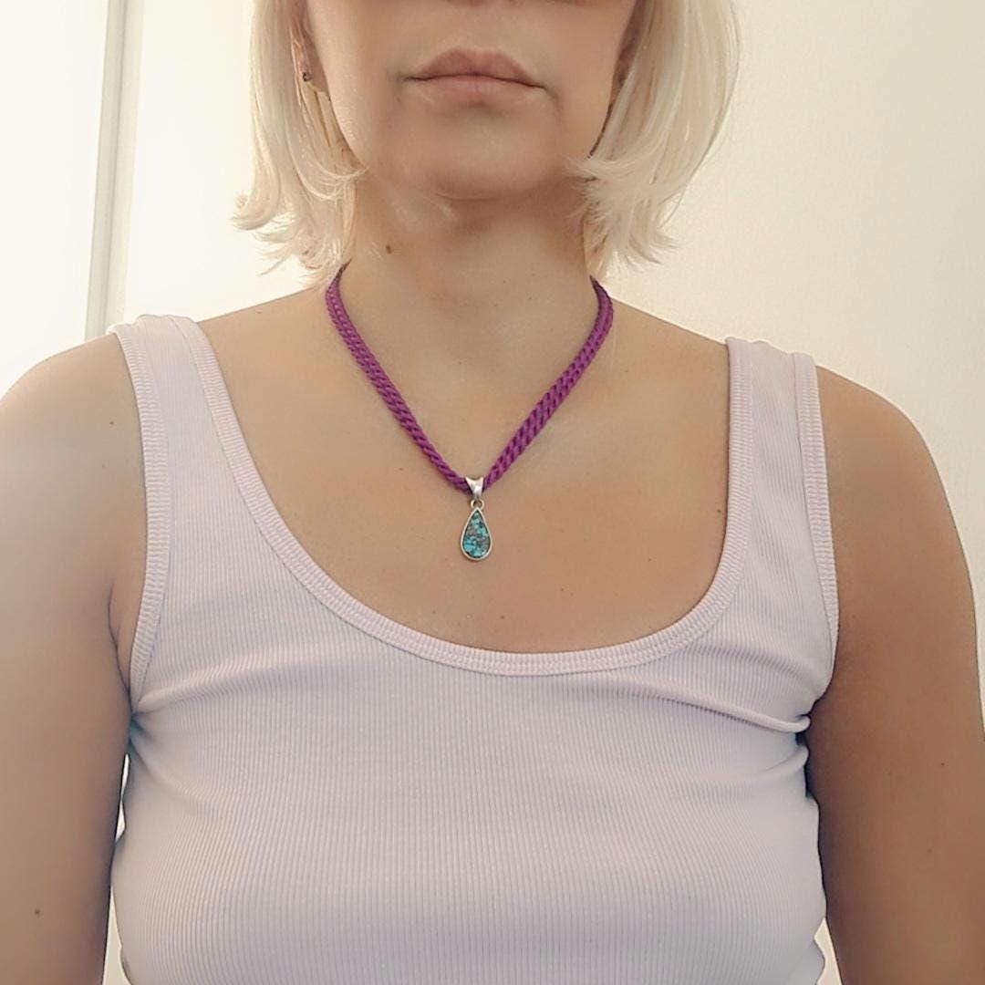 Teardrop Turquoise Pendant: Handmade Silver-Tone Bezel, Purple Rope Cord