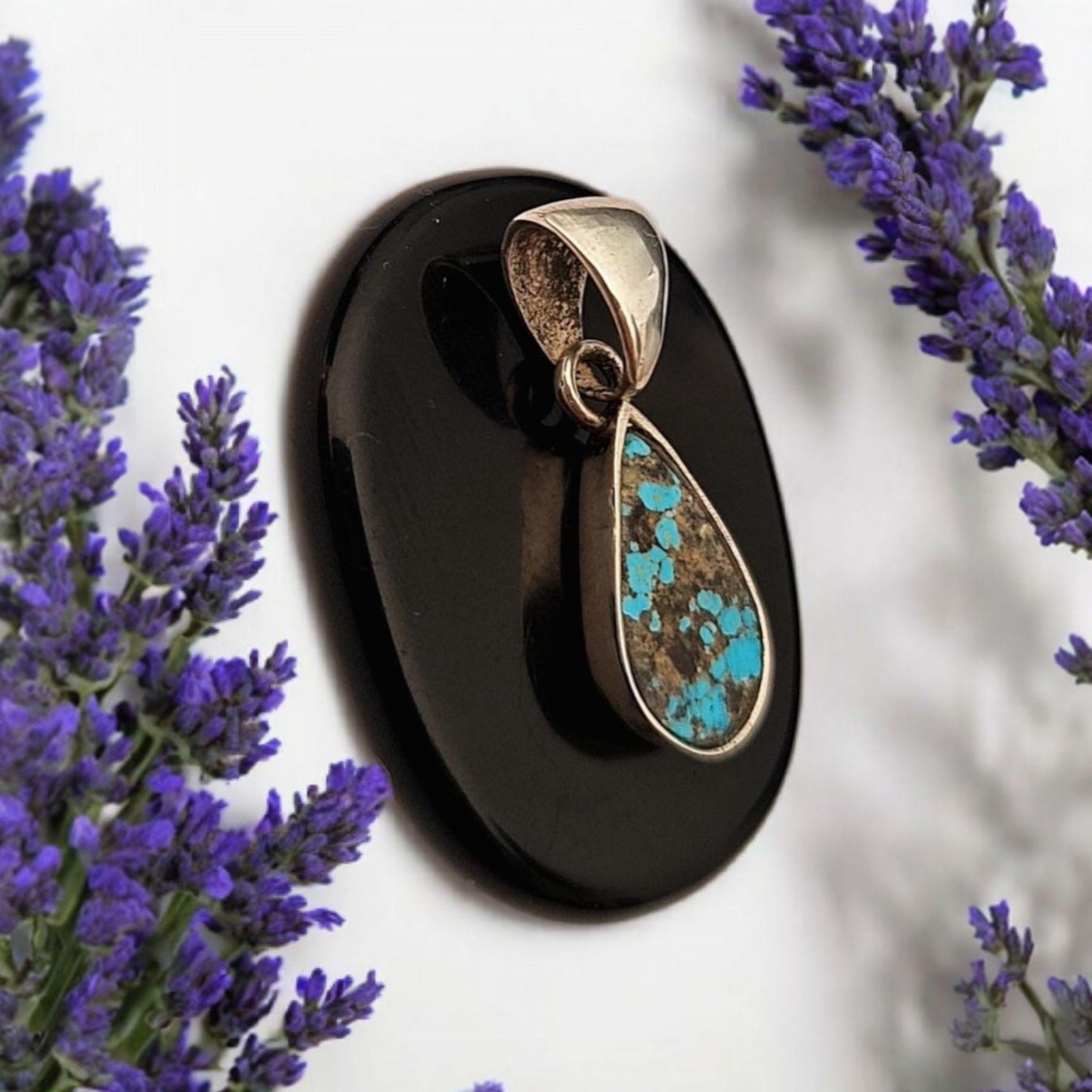 Teardrop Turquoise Pendant: Handmade Silver-Tone Bezel, Purple Rope Cord
