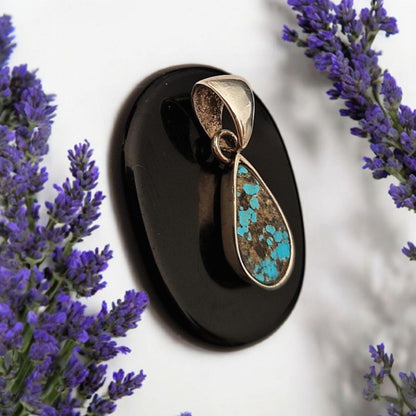Teardrop Turquoise Pendant: Handmade Silver-Tone Bezel, Purple Rope Cord