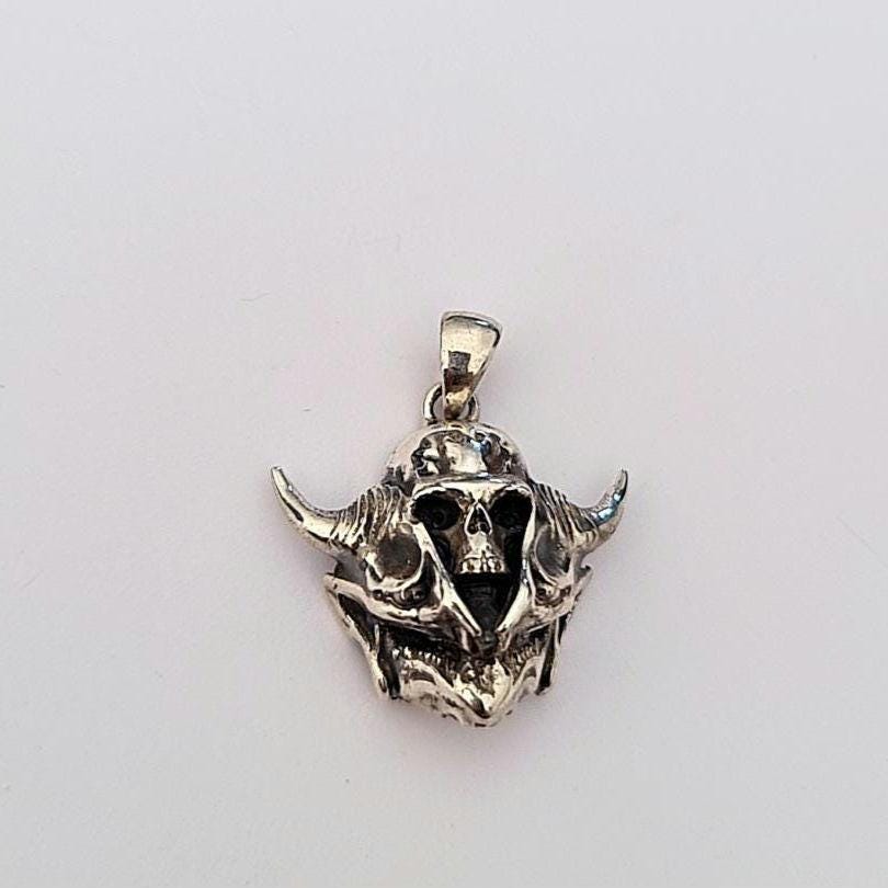 Sterling Silver Viking Skull Pendant – Warrior Helmet Necklace, Norse Skull Jewelry for Men, Handmade Gothic Biker Amulet