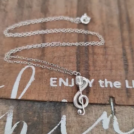 Delicate Music Note with a Microphone Necklace -925 Sterling Silver Handcrafted -  45 CM Chain