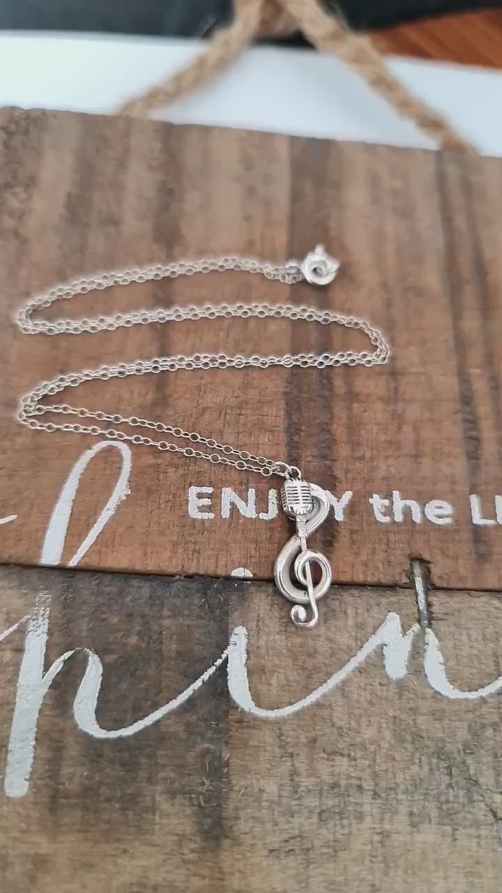Delicate Music Note with a Microphone Necklace -925 Sterling Silver Handcrafted -  45 CM Chain