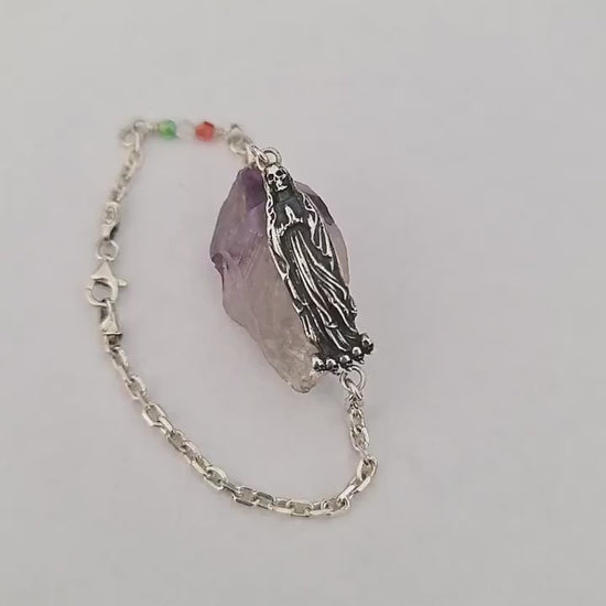 Santa Muerte bracelet 925 sterling Silver length 7inch(18cm)   - 3 colours Stone beads as The Mexican flag
