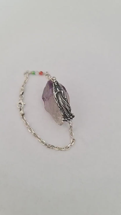 Santa Muerte bracelet 925 sterling Silver length 7inch(18cm)   - 3 colours Stone beads as The Mexican flag