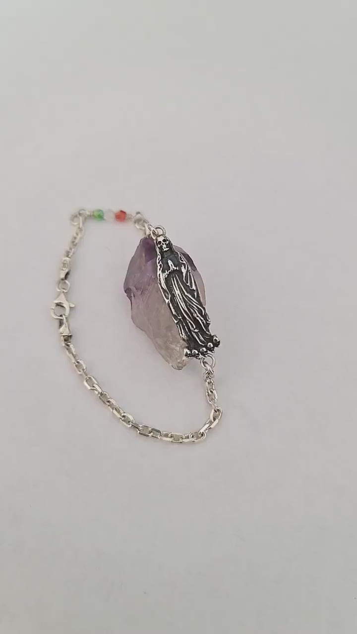 Santa Muerte bracelet 925 sterling Silver length 7inch(18cm)   - 3 colours Stone beads as The Mexican flag