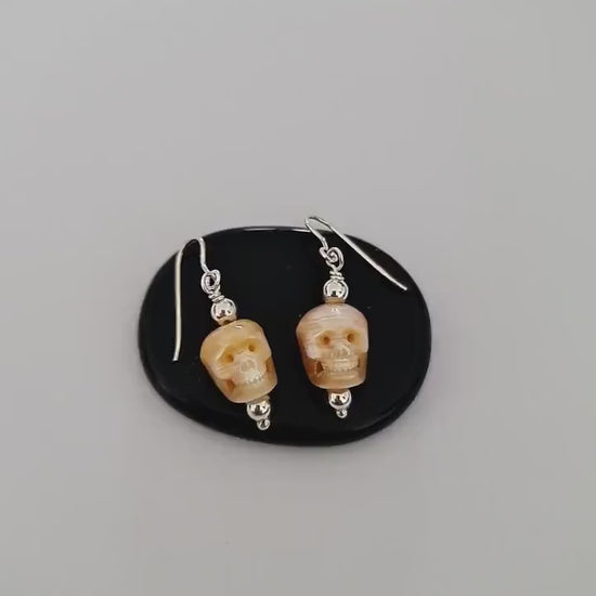 Carved Pearl Skull Earrings: Sterling Silver Gothic Boho Jewelry