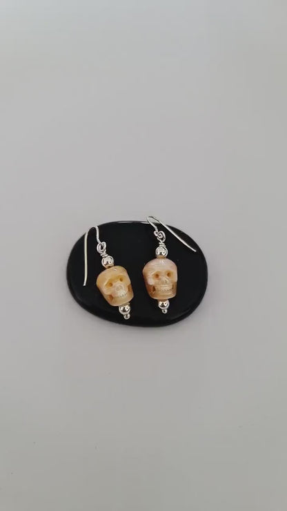 Carved Pearl Skull Earrings: Sterling Silver Gothic Boho Jewelry
