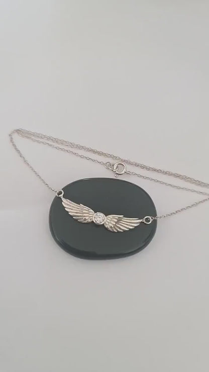 Sterling Silver Angel Wing Necklace: Crystal Guardian Angel Pendant