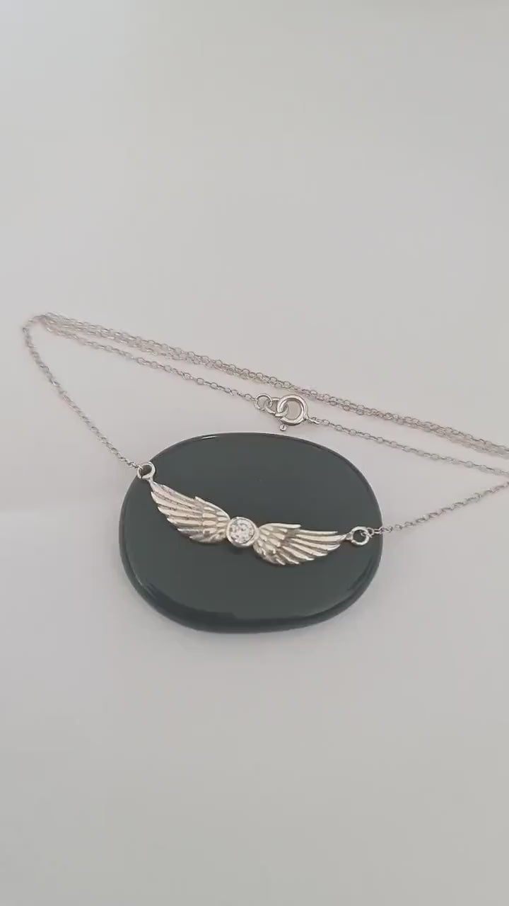 Sterling Silver Angel Wing Necklace: Crystal Guardian Angel Pendant