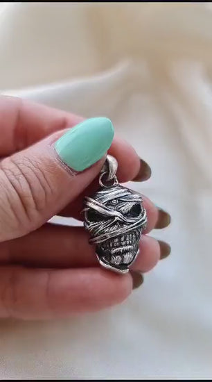 Handmade Sterling Silver Mummy Skull Pendant: Rocker Jewelry