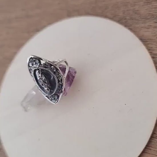 Santa Muerte Ring  925 Sterling Silver -Saint Death Ring with flowers & Scythe