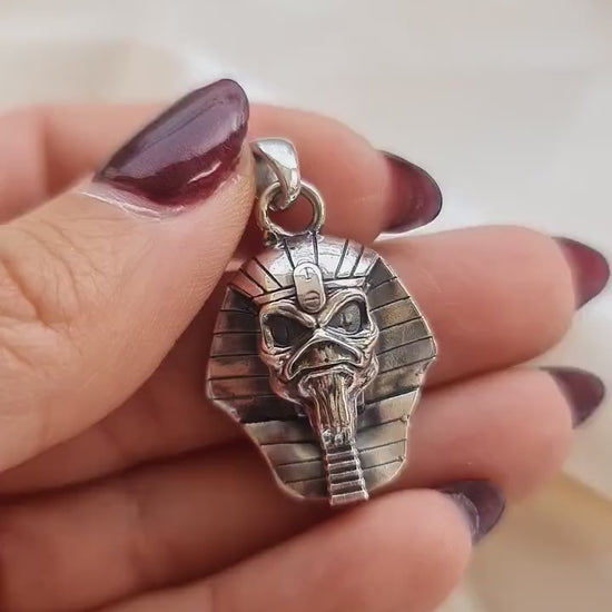 Eddie  Pharaoh King Skull Pendant- Egyptian -Rock  Heavy metal- Sterling Silver