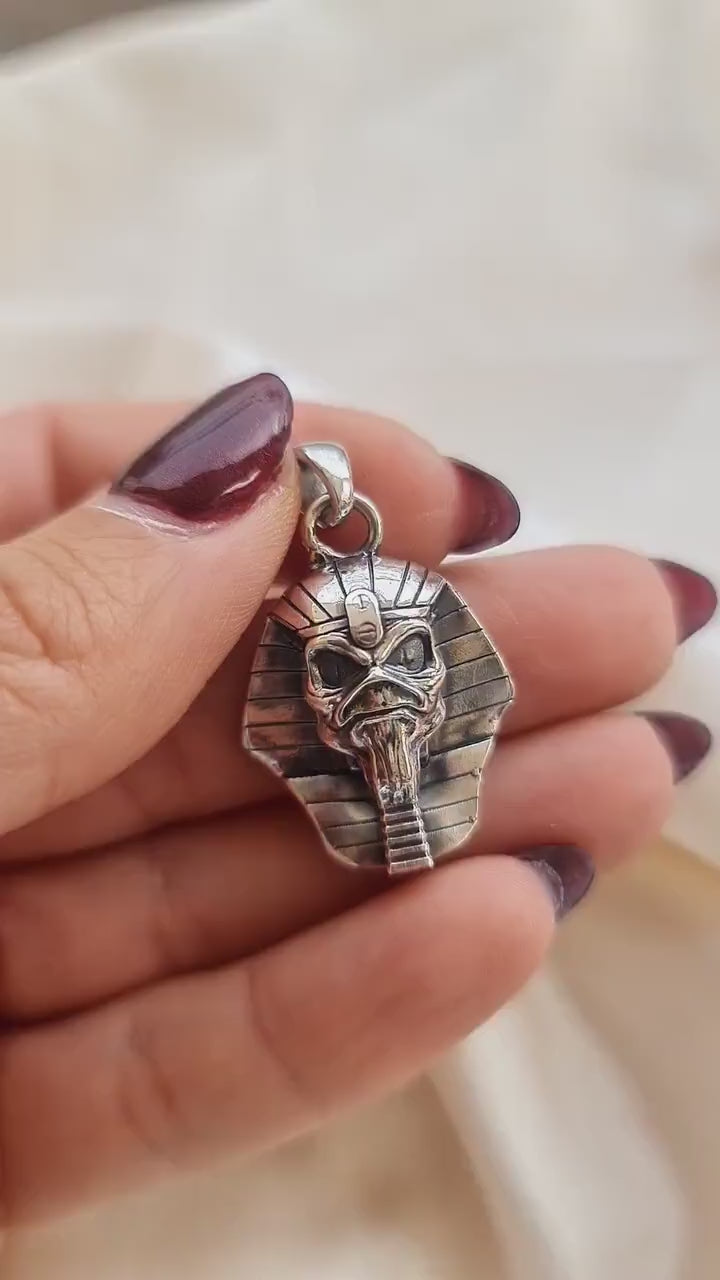 Eddie  Pharaoh King Skull Pendant- Egyptian -Rock  Heavy metal- Sterling Silver