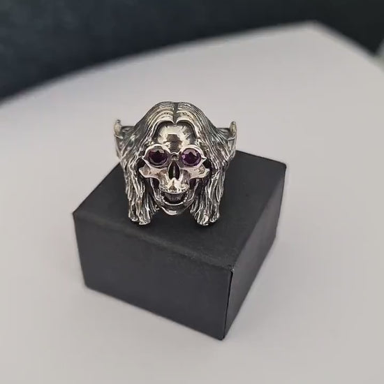 Sterling Silver "Prince of Darkness" Skull Ring Amethyst Sunglasses, Bat Wing Band -