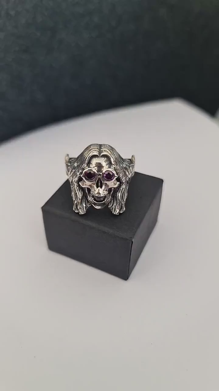 Sterling Silver "Prince of Darkness" Skull Ring Amethyst Sunglasses, Bat Wing Band -